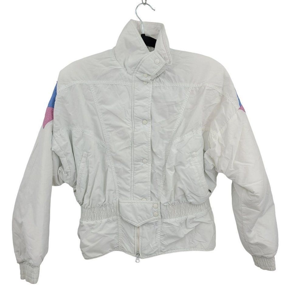 Vintage 80's Roffe Ski Snow Jacket 8 White Dolman Sleeve High Neck Cinched Waist